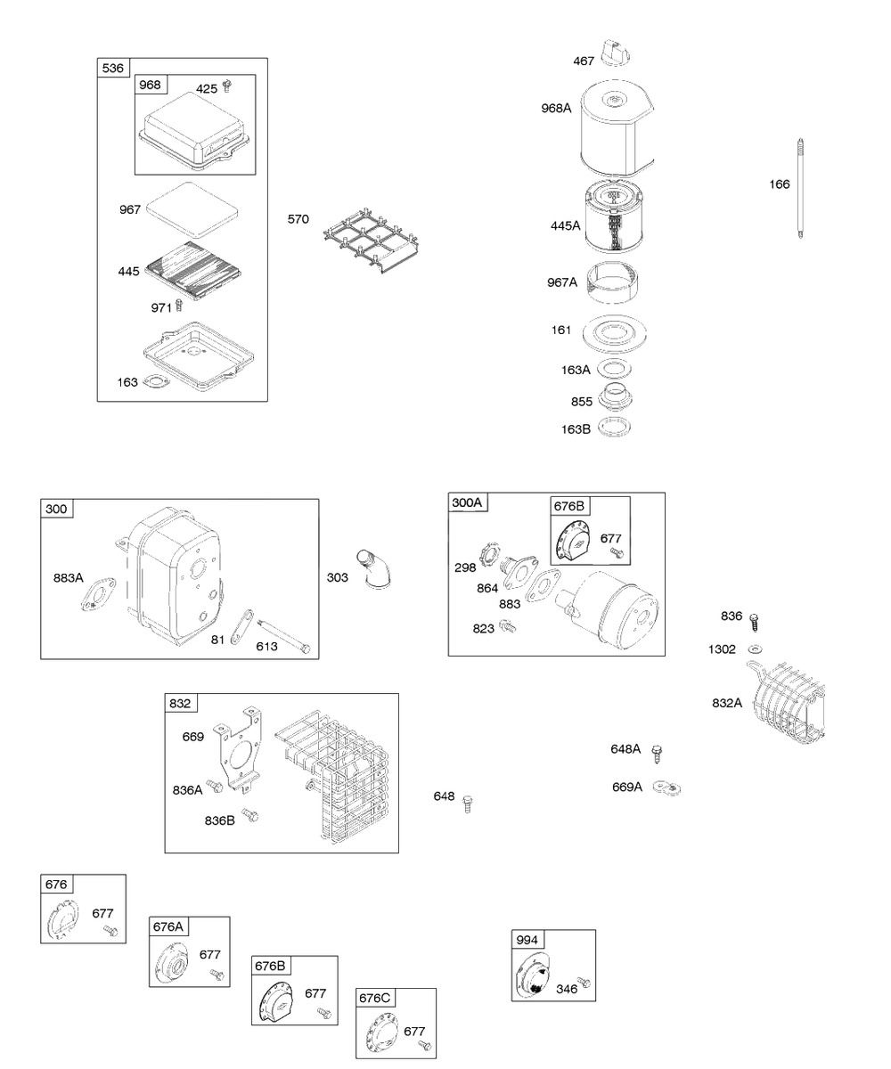 Air Cleaner, Exhaust System Diagram and Parts List for 91232-1308-E1  Briggs and Stratton Engine
